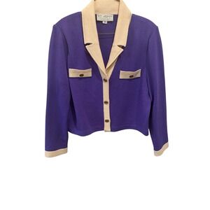 St John Collection Purple Santana Knit Cardigan Jacket Cream Trim Size 14 Luxury